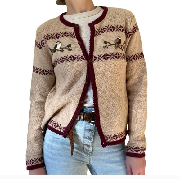 Vtg 80’s Christopher & Banks Tan Wool Ramie Embroidery Bird Cardigan Sz XL - Picture 1 of 9